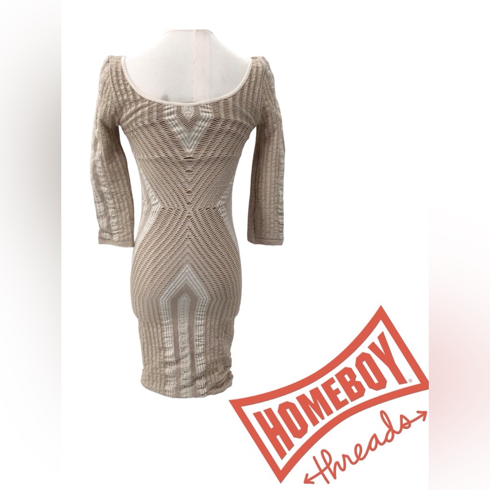 Bebe Brown Ribbed Bodycon Dress Scoop Neck 3/4 Sleeve